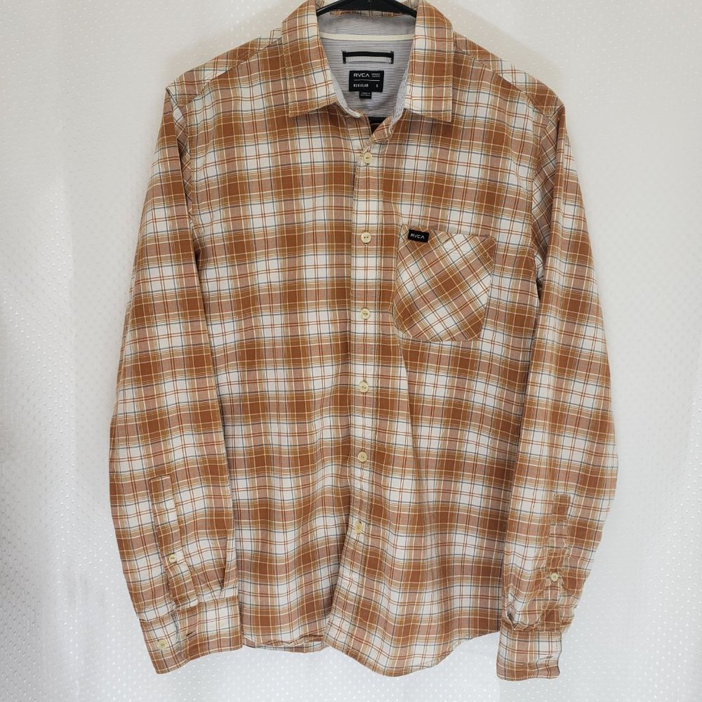 Rvca Tan White Plaid Button Down Long Sleeve Shirt - image 2